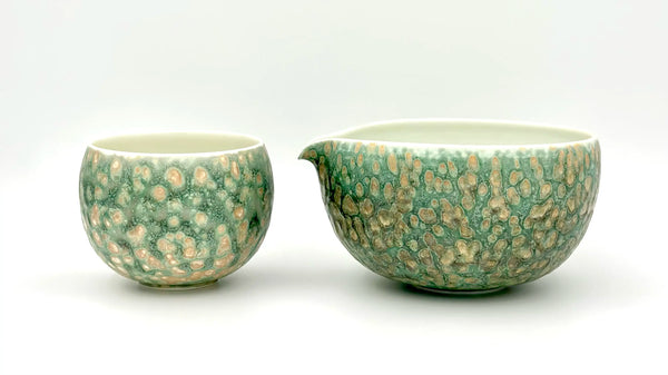 Emerald drift matcha latte cup and matcha bowl as a premium matcha set for gifting