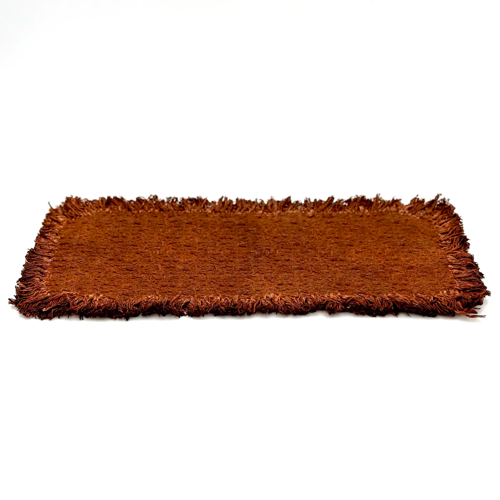Brown rectangular tea mat with fringed edges on a white background