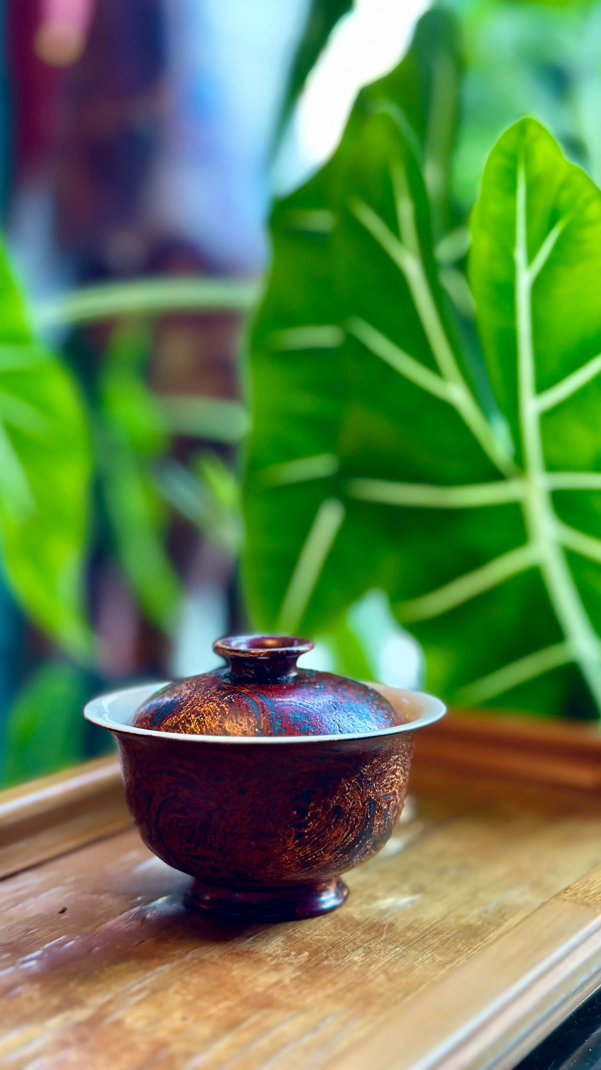 The Crimson Eclipse gaiwan displayed on a bamboo tray against a green indoor plant background.
