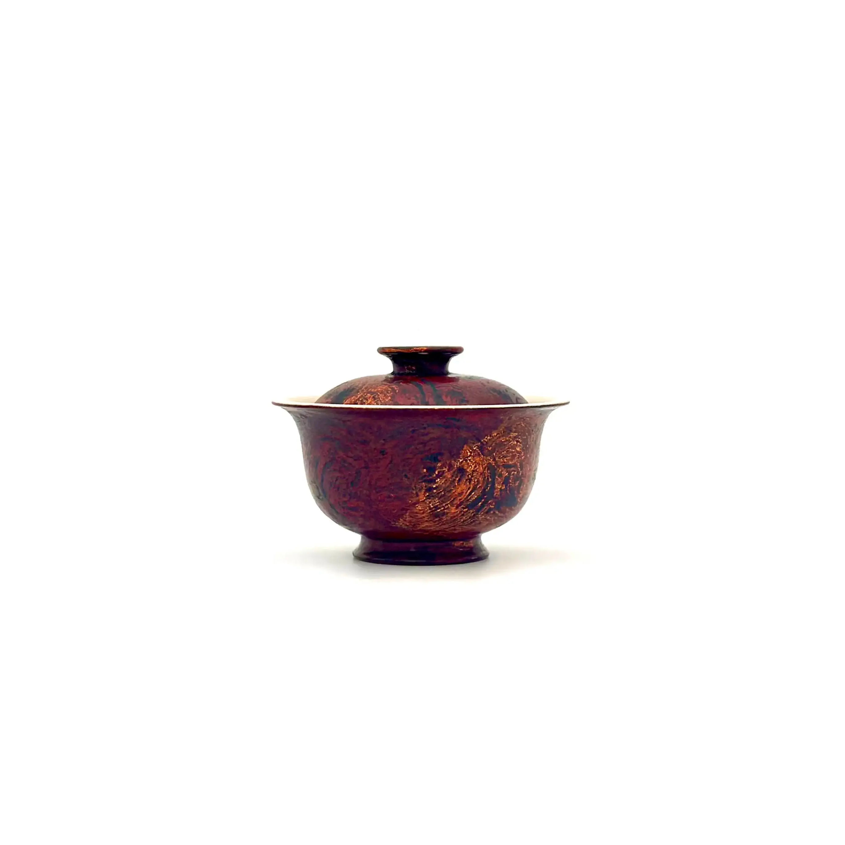 Front view of Crimson Eclipse 45ml solo gaiwan featuring dark red lacquer with gold brush strokes.