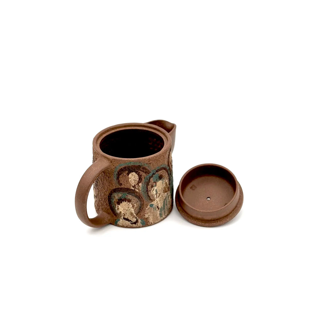 High-angle view of the open Formless Zen Yixing teapot with its lid resting alongside, highlighting the precise inner rim craftsmanship and the artisan's secondary signature stamp inside the lid.