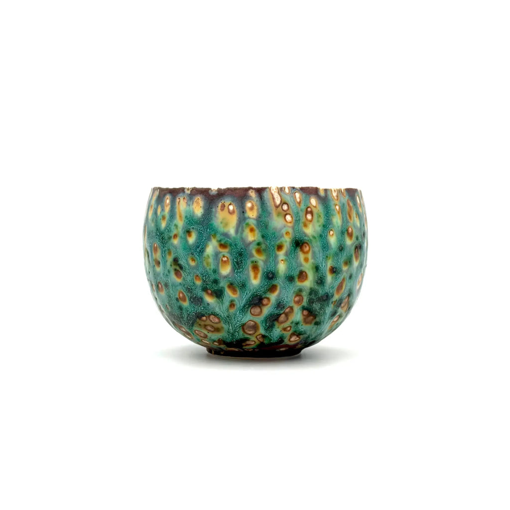 Front profile of the artisan Glazara Aurora Shore ceramic matcha latte cup, featuring a beautiful, sweeping coastal-inspired glaze perfectly crafted for an elevated home-café matcha experience.