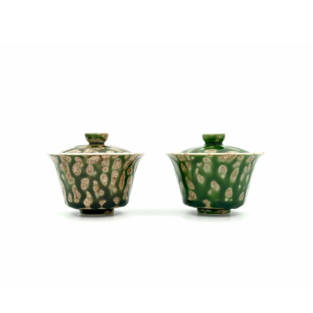 A side-by-side visual comparison of Glazara's Elemental Gaiwan green glaze variations, showcasing the unique and different bright finish of the Spring Willow and Forest Echo next to each other.