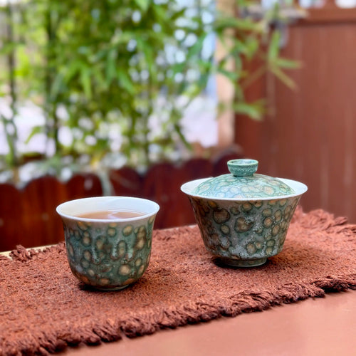 One gaiwan pairing a matching-color teacup with green patterns on a brown textured tea mat with plants in the background.