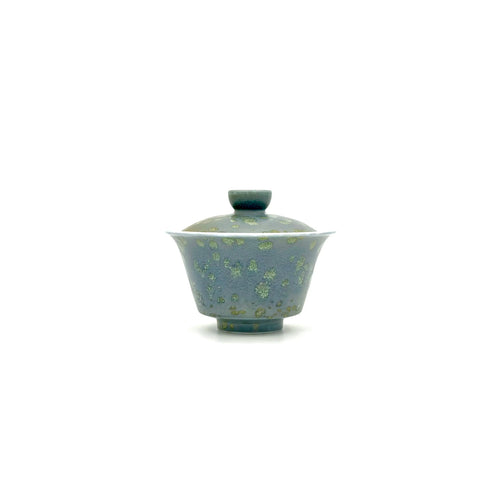 Front view of the 60ml Glazara Giverny Ripple porcelain mini gaiwan, featuring a fluid, aquatic glaze inspired by Monet's serene water lily gardens, designed for Gongfu tea rituals and solo brew.