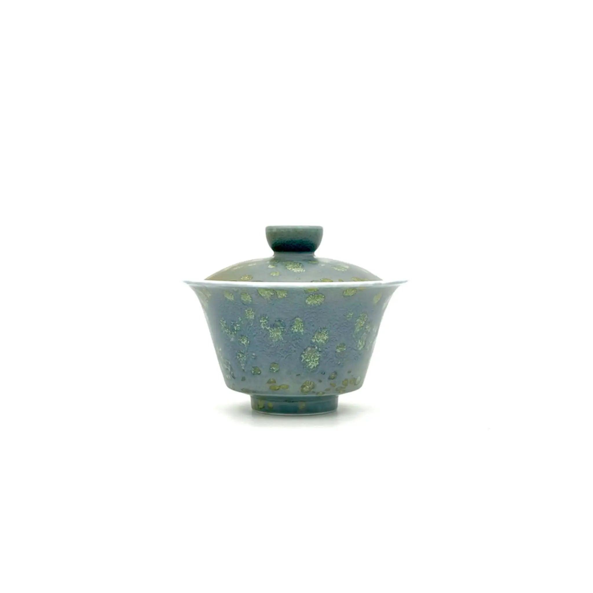 A traditional Chinese gaiwan tea bowl with a matching lid, featuring a speckled blue-green and green glaze on a plain white background.