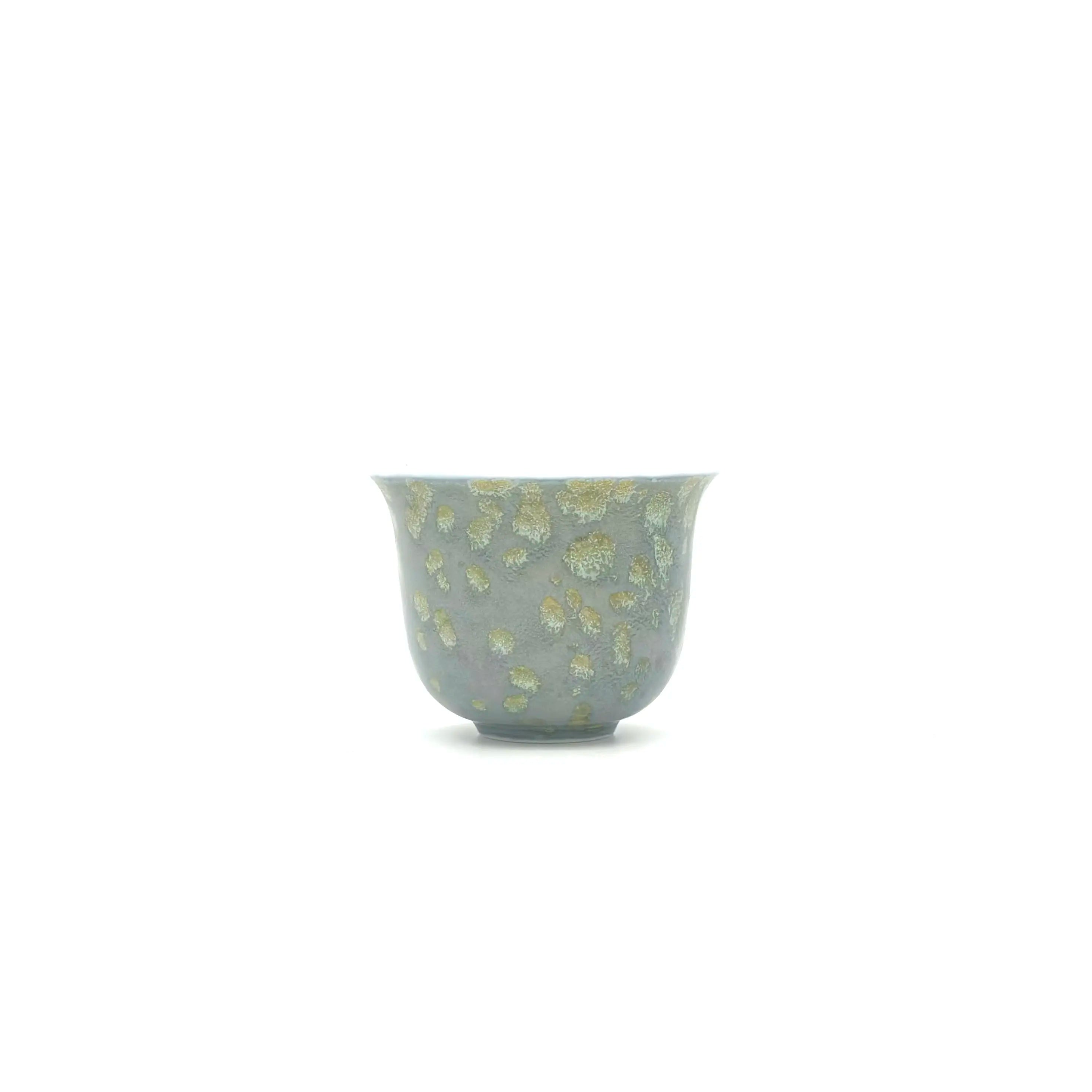 Front view of the 70ml Glazara Giverny Ripple master teacup, showcasing the Monet-inspired blue-grey artisan glaze with delicate green and blue dots resembling floating water lilies.