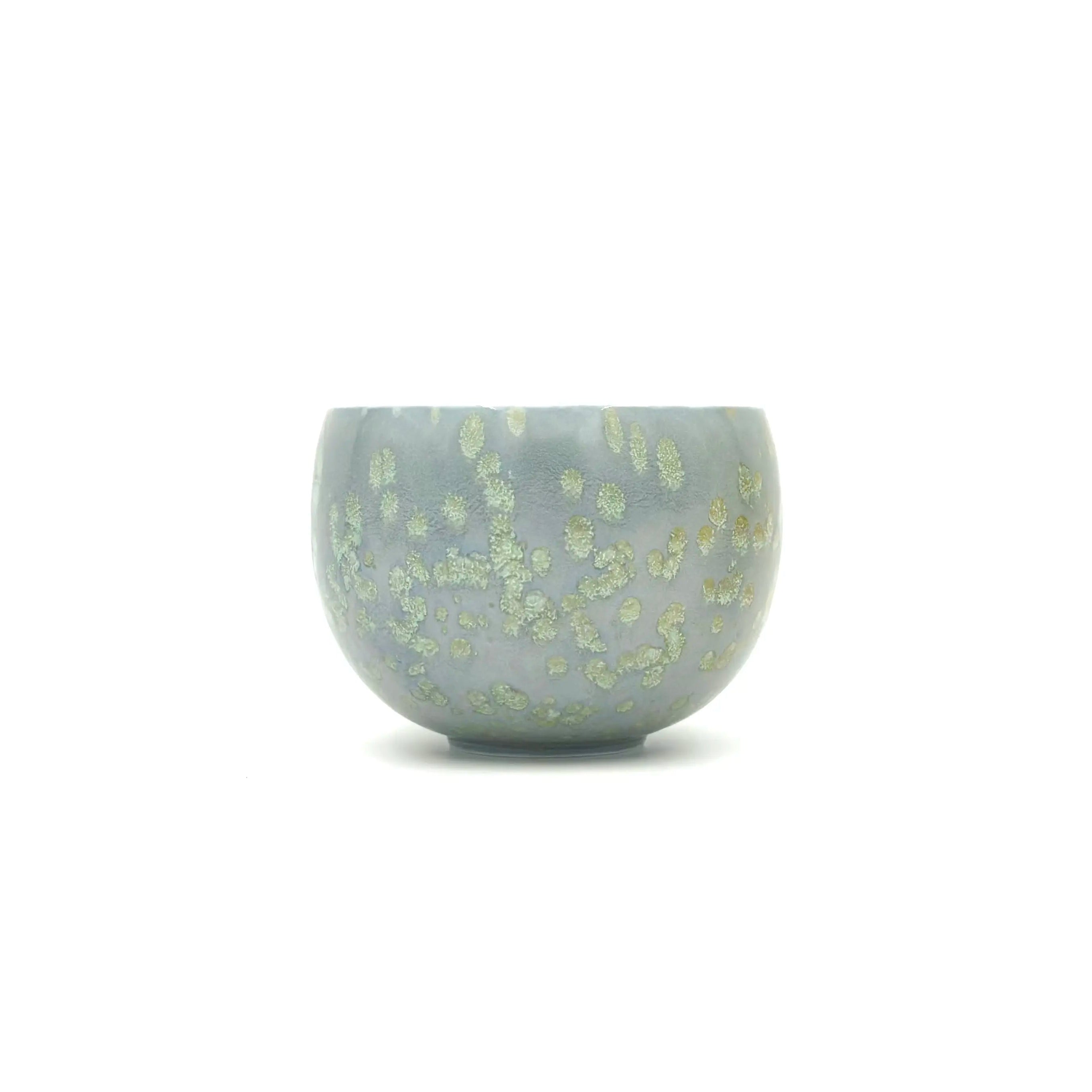 Full front view of the Glazara Giverny Ripple Matcha Latte Cup featuring a light blue-grey glaze with green and blue water lily accents.