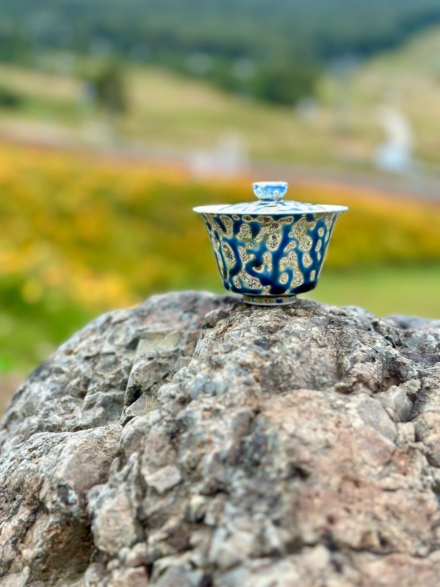 Glazara Ocean Vein Elemental Gaiwan photographed in a natural mountain setting, highlighting the vessel's silhouette against an outdoor landscape.