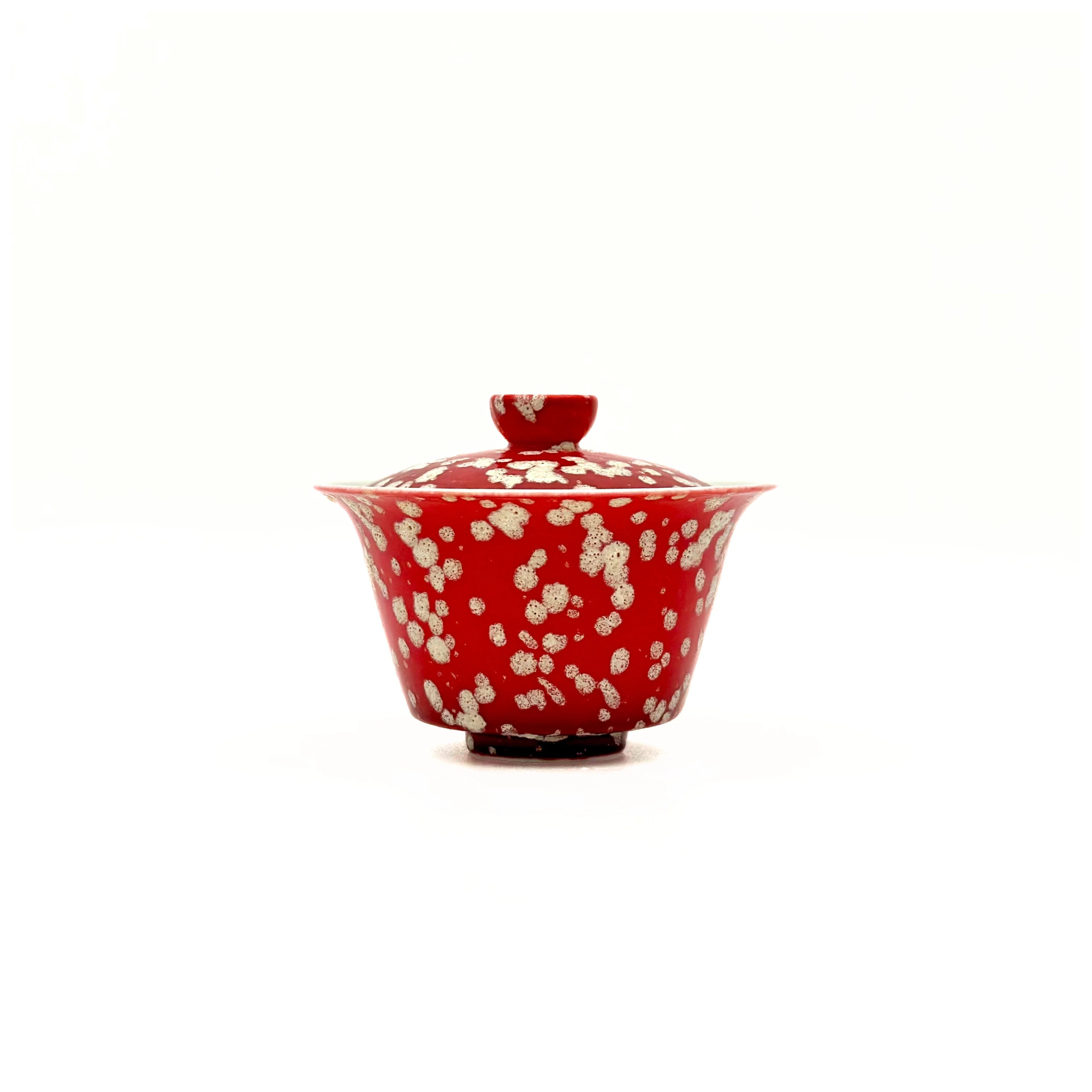 A formal front view of the 90ml Glazara Phoenix Spark Elemental Gaiwan. Displays the elegant silhouette and the vibrant, fire-inspired red and gold glaze tones of the Elemental series.