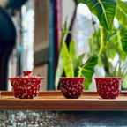 One gaiwan and two red ceramic cups with white patterns on a wooden surface, with green plants in the background.