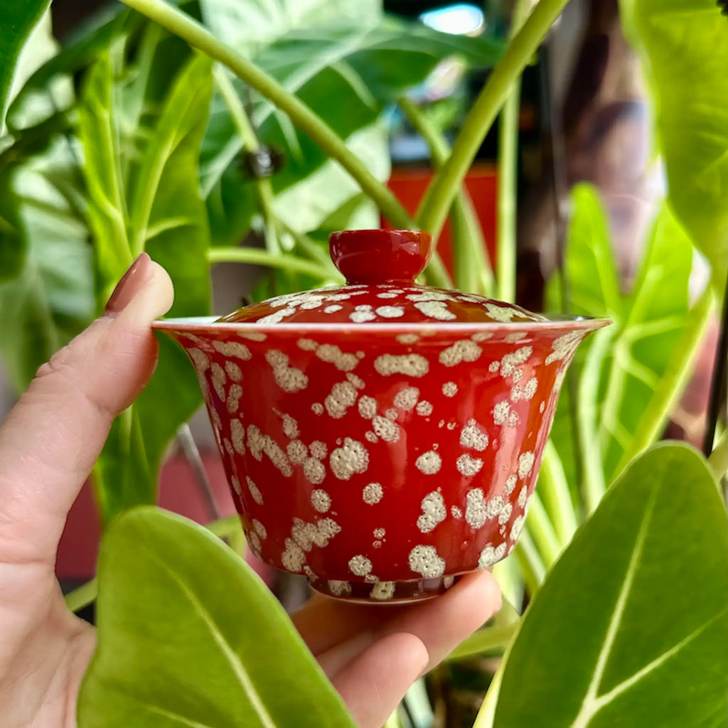 A hand holding the 100ml Phoenix Spark Elemental Gaiwan against a vibrant background of green foliage. The striking contrast between the fiery red glaze and the lush green plants highlights the vessel's iridescent finish while providing a clear sense of scale and size in a natural setting.
