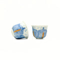 Two ceramic teacups with blue and white design on a white background