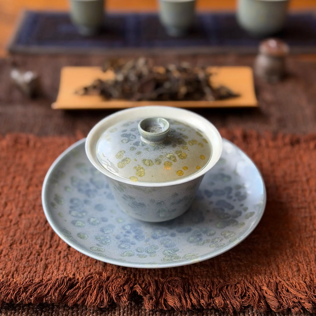 Gaiwan on a matching tea boat on a textured tea mat in a tea session