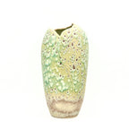 Handcrafted sage green porcelain artisan vase with crater glaze texture, front view.