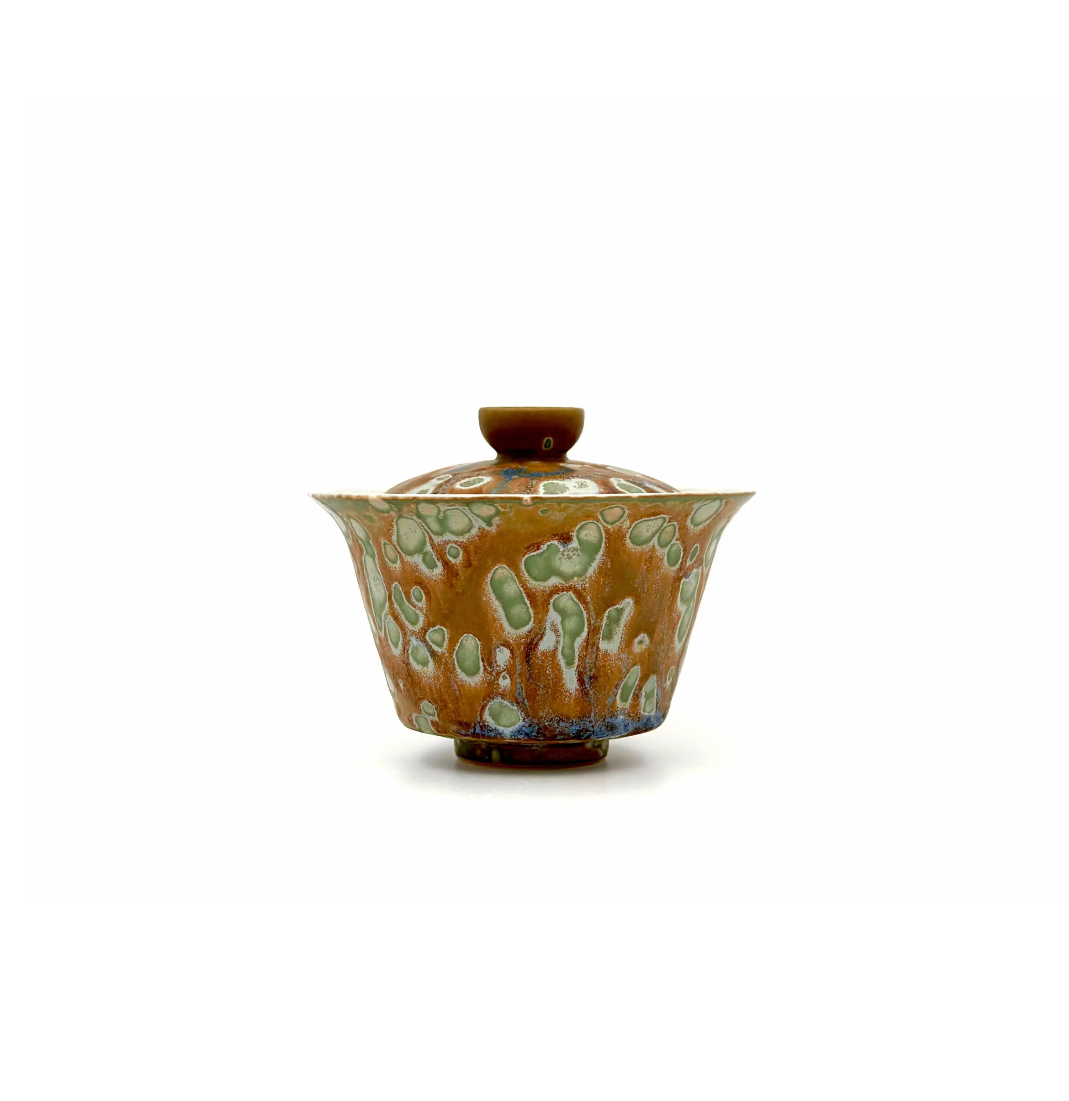 Front profile of the 90ml Glazara Sage Vault Elemental Gaiwan, showcasing its timeless, earthy brown ceramic glaze with dotted sage green on the surface. It is specifically designed for traditional Gongfu tea sessions.