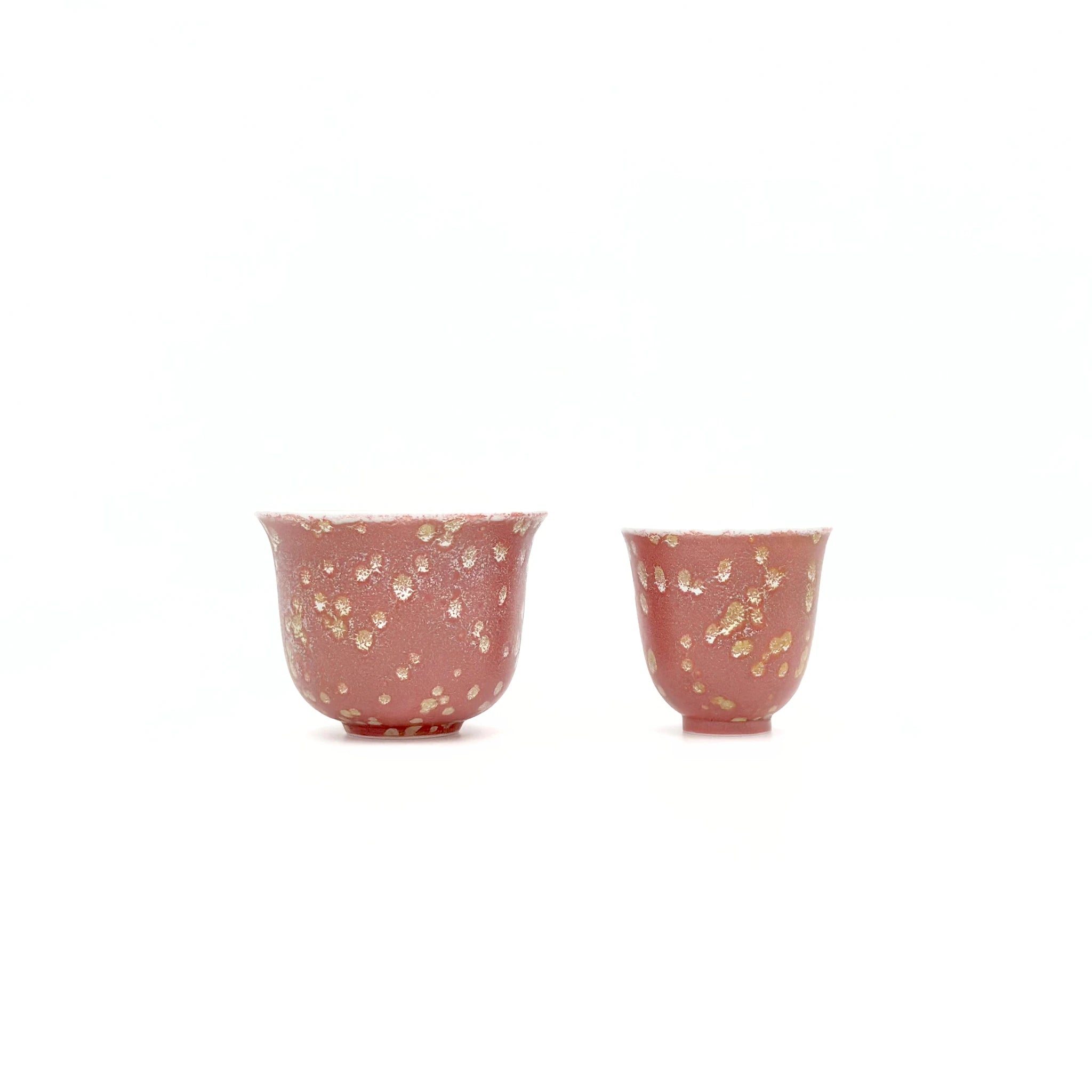 Front view comparing the size and profile of the larger Glazara Velvet Rose host teacup alongside the smaller 30ml tasting teacup.