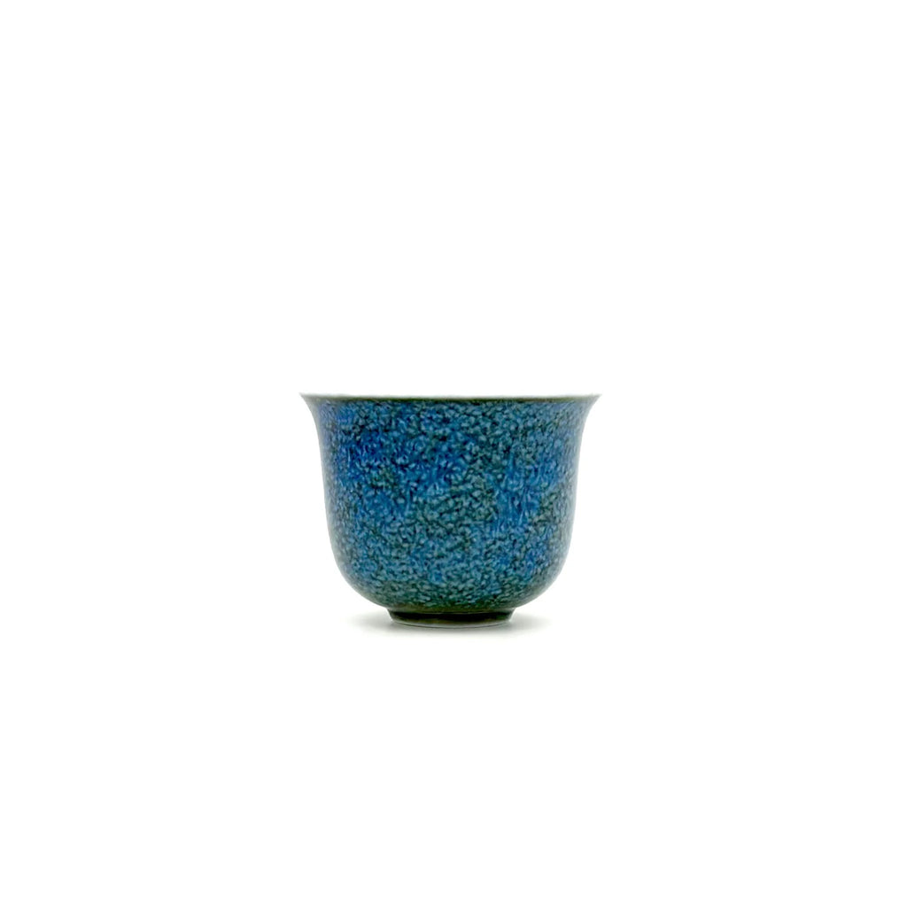 Full front view of the 70ml Glazara Verdant Mirror host teacup, featuring a vibrant, reflective green porcelain finish.
