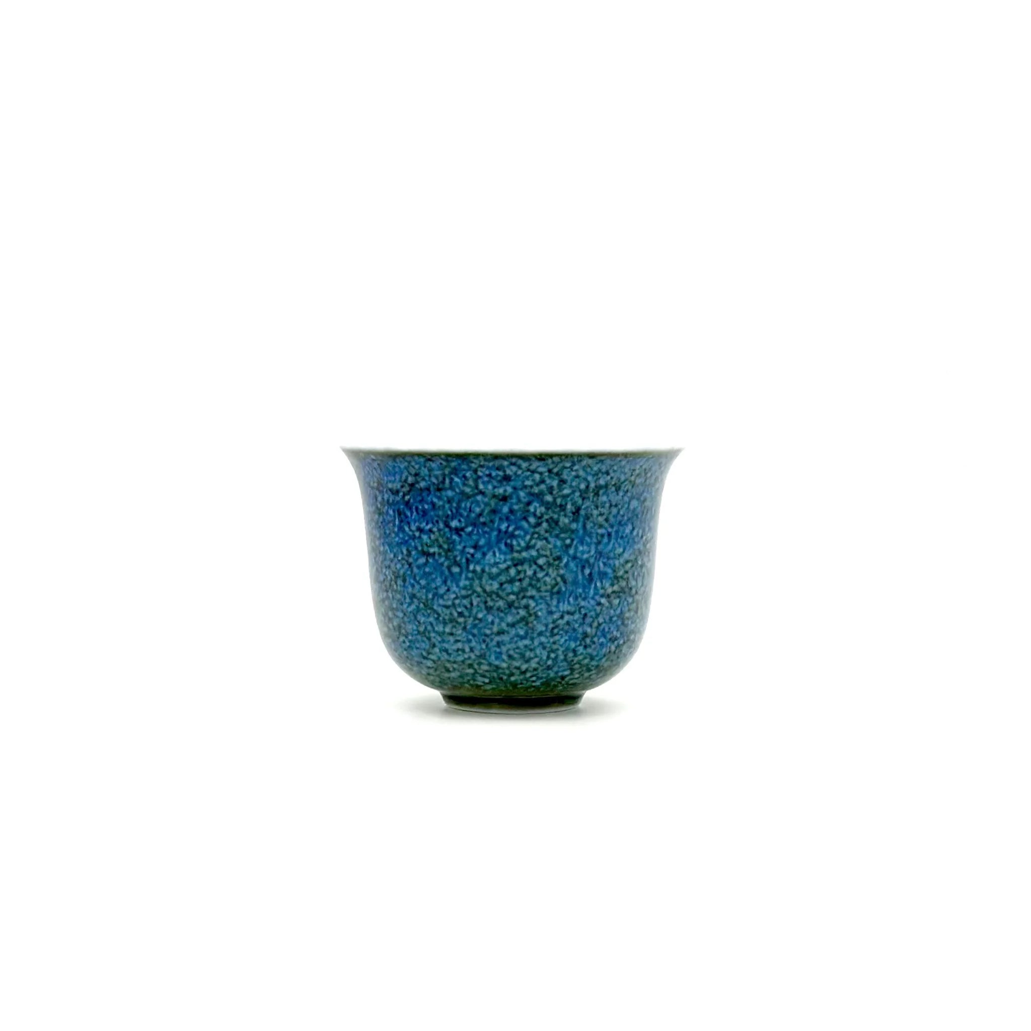 Full front view of the 70ml Glazara Verdant Mirror host teacup, featuring a vibrant, reflective green porcelain finish.