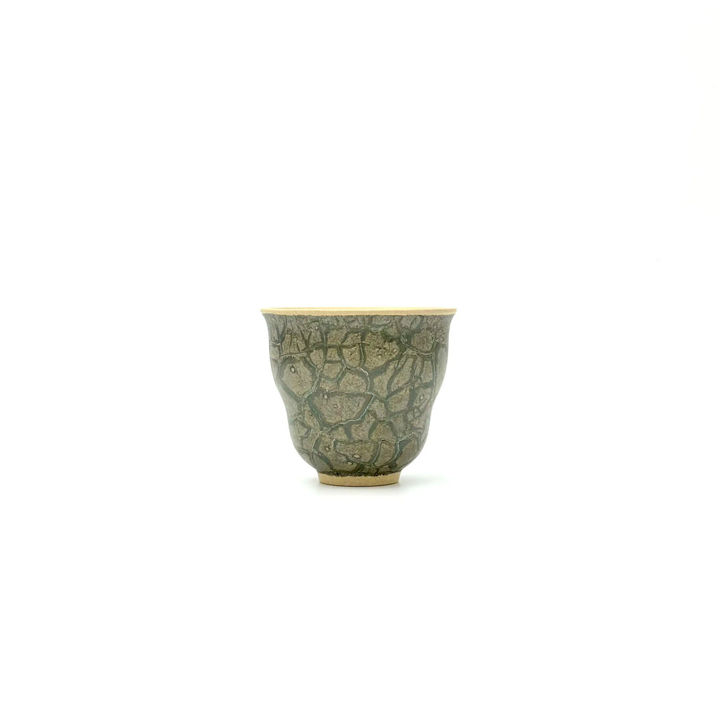 Front view of the 50ml Glazara Verdant Orchid teacup, displaying the elegant handpainted Glacier Crackle surface design.