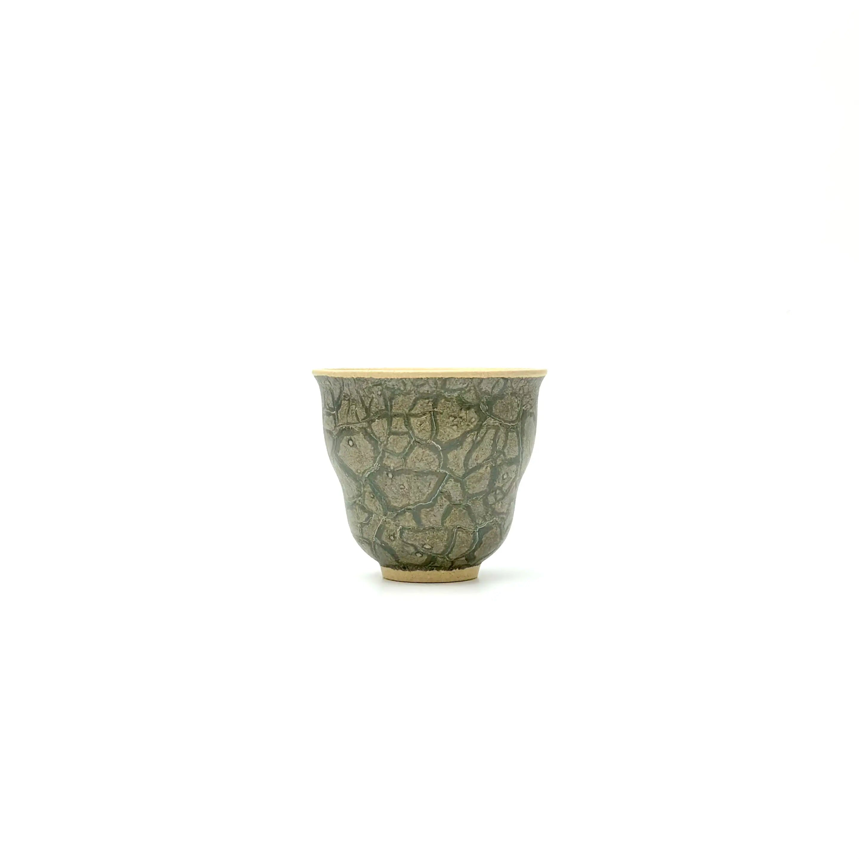 Front view of the 50ml Glazara Verdant Orchid teacup, displaying the elegant handpainted Glacier Crackle surface design.