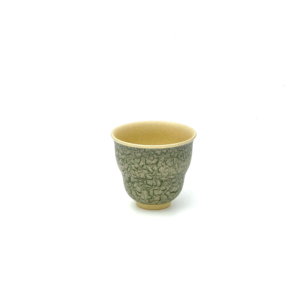 Tilted front view revealing the crafted inner rim and intricate interior glaze of the 50ml Glazara Verdant Orchid Shattered Ice teacup.