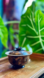 Midnight gaiwan styled on a bamboo tea tray against a green indoor plant background.