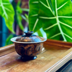Midnight solo gaiwan styled on a bamboo tea tray against a green indoor plant background.