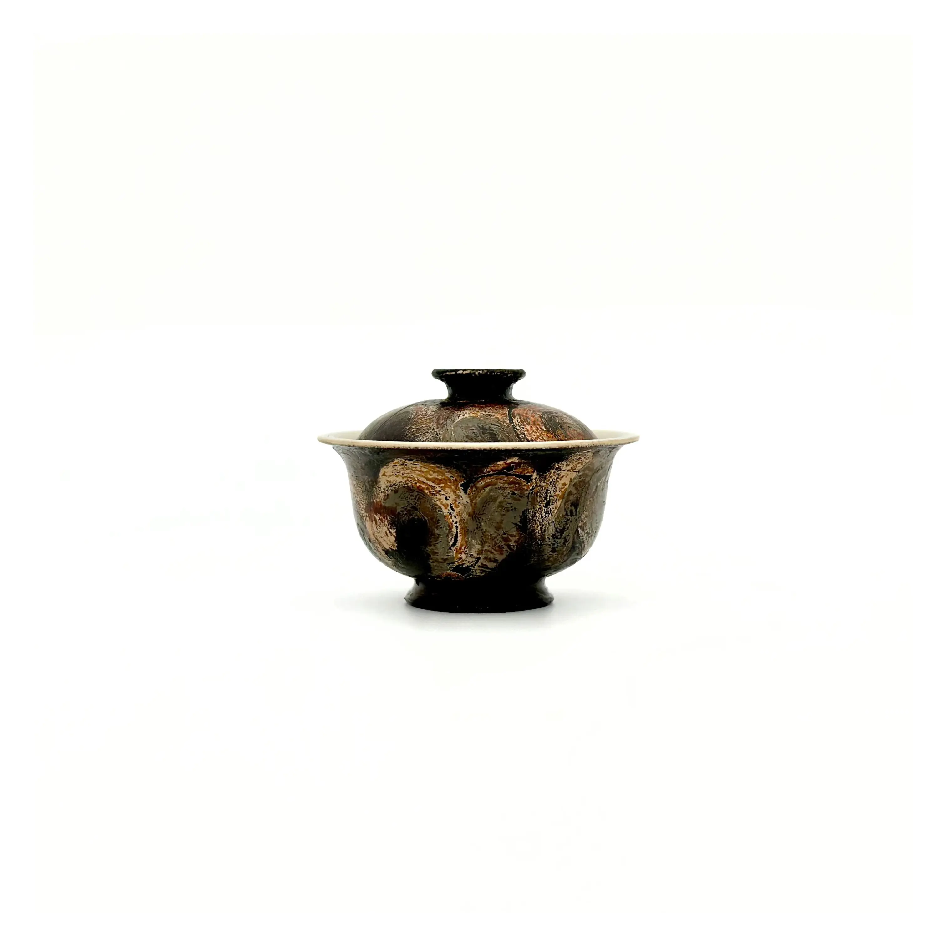 Front view of Midnight 45ml solo gaiwan featuring black lacquer with cream ember brush strokes.