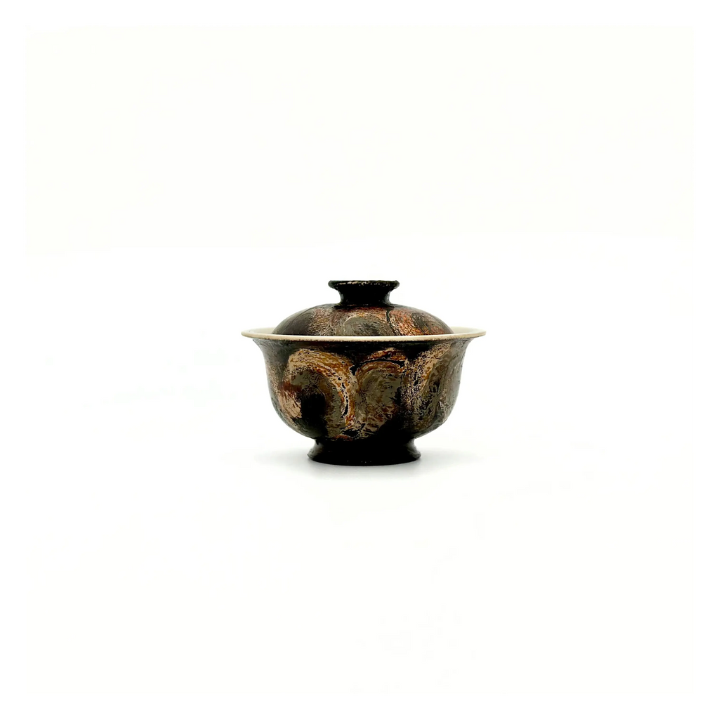 Front view of Midnight 60ml solo gaiwan featuring black lacquer with cream ember brush strokes.