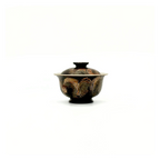 Front view of Midnight 60ml solo gaiwan featuring black lacquer with cream ember brush strokes.