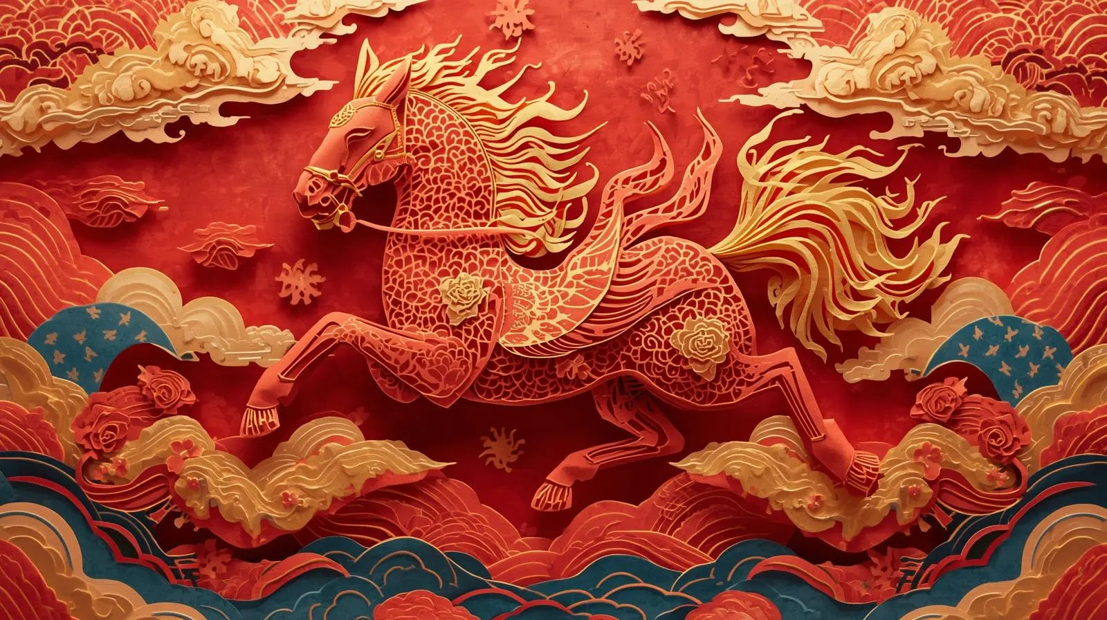 Intricate traditional red Chinese paper cutting art depicting a stylized galloping horse for the 2026 Year of the Horse.