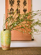Handcrafted Jingdezhen porcelain flower vase with sage green crater glaze for tea room and slow living decor