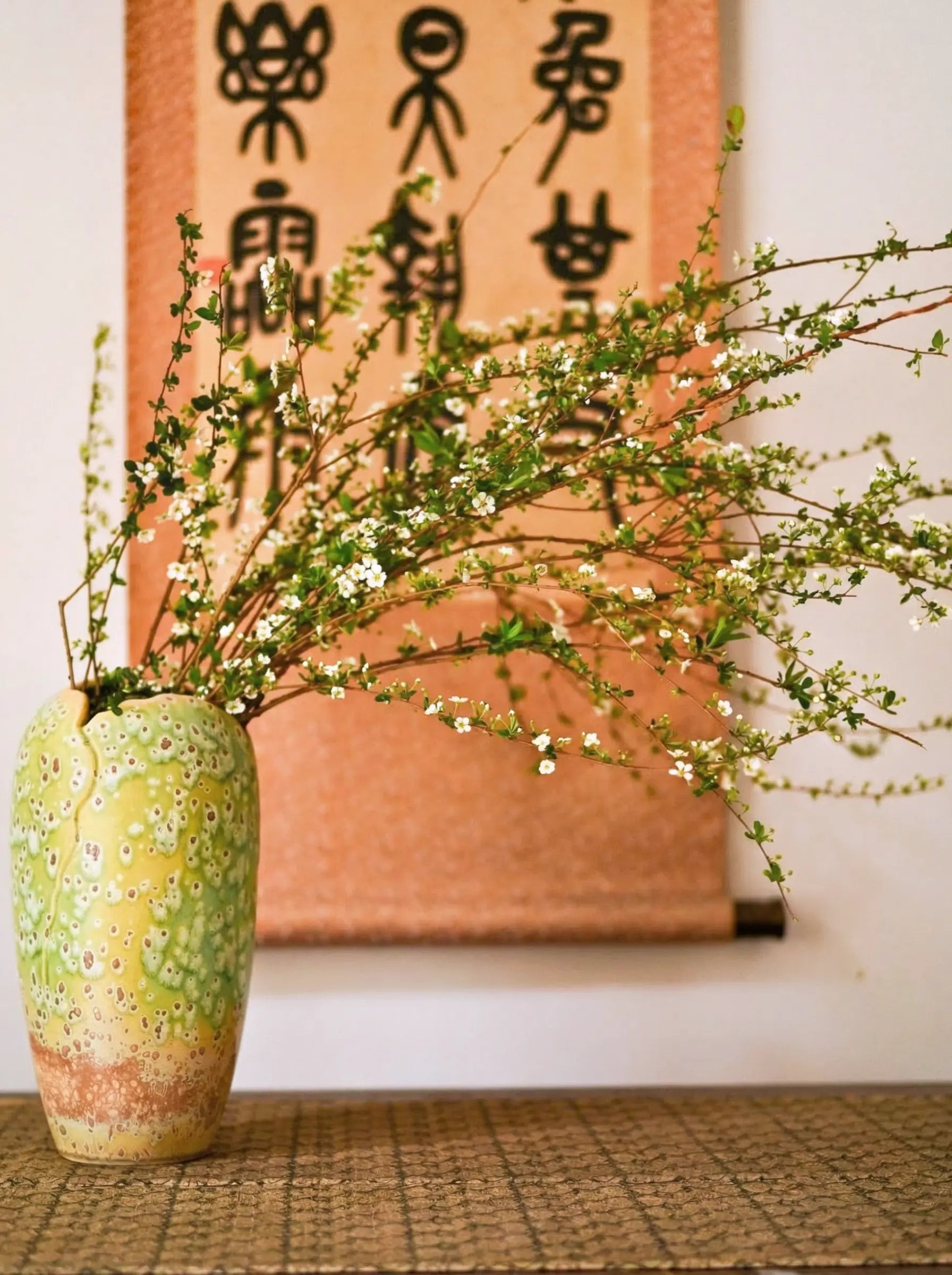 Handcrafted Jingdezhen porcelain flower vase with sage green crater glaze for tea room and slow living decor