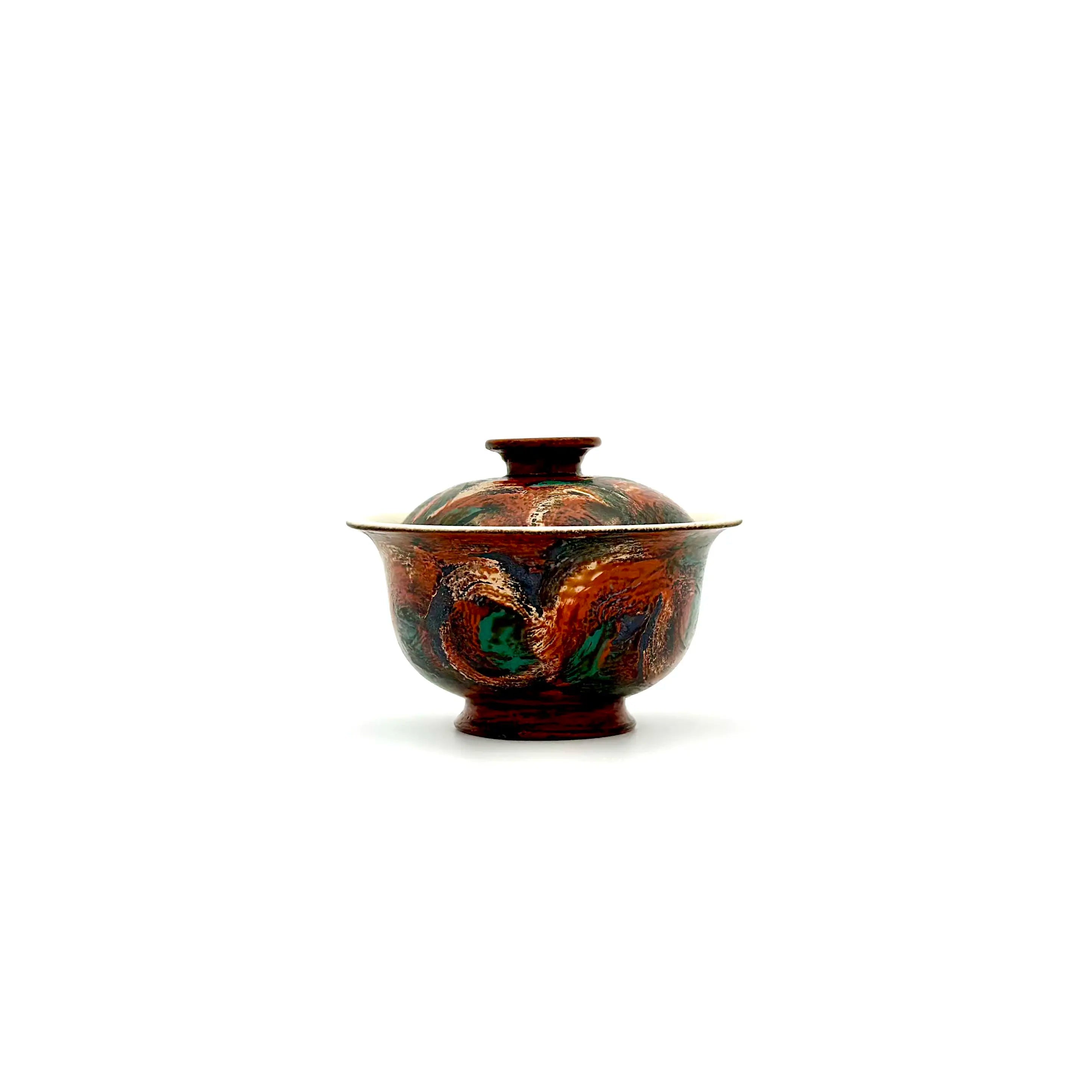 Front view of Vintage Flora 45ml solo gaiwan featuring antique style red, green, and cream strokes.